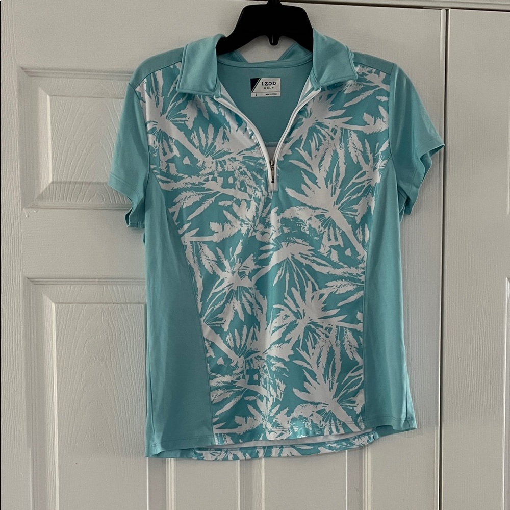 Izod Aqua and White Floral Short Sleeve Zip Polo
